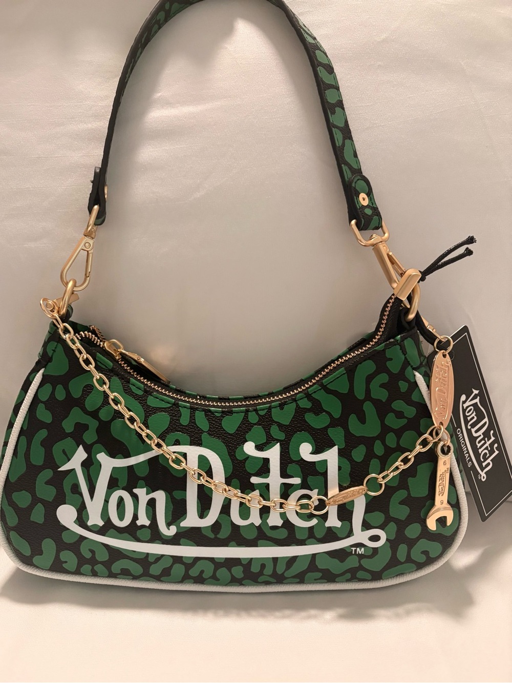Von Dutch Lime Green and Black Cheetah Mini Shoulder Bag with Gold Chain - New